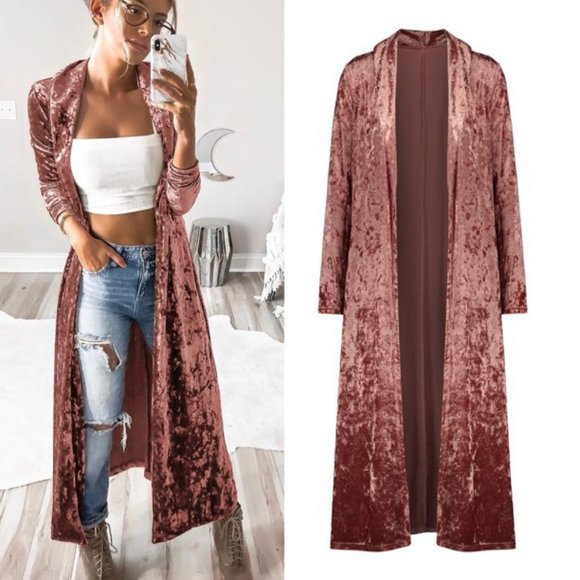 ONLYSHE Sweaters - ONLYSHE Beautiful Medium Pink Women's Long Sleeve Long Velvet Trench Cardigan